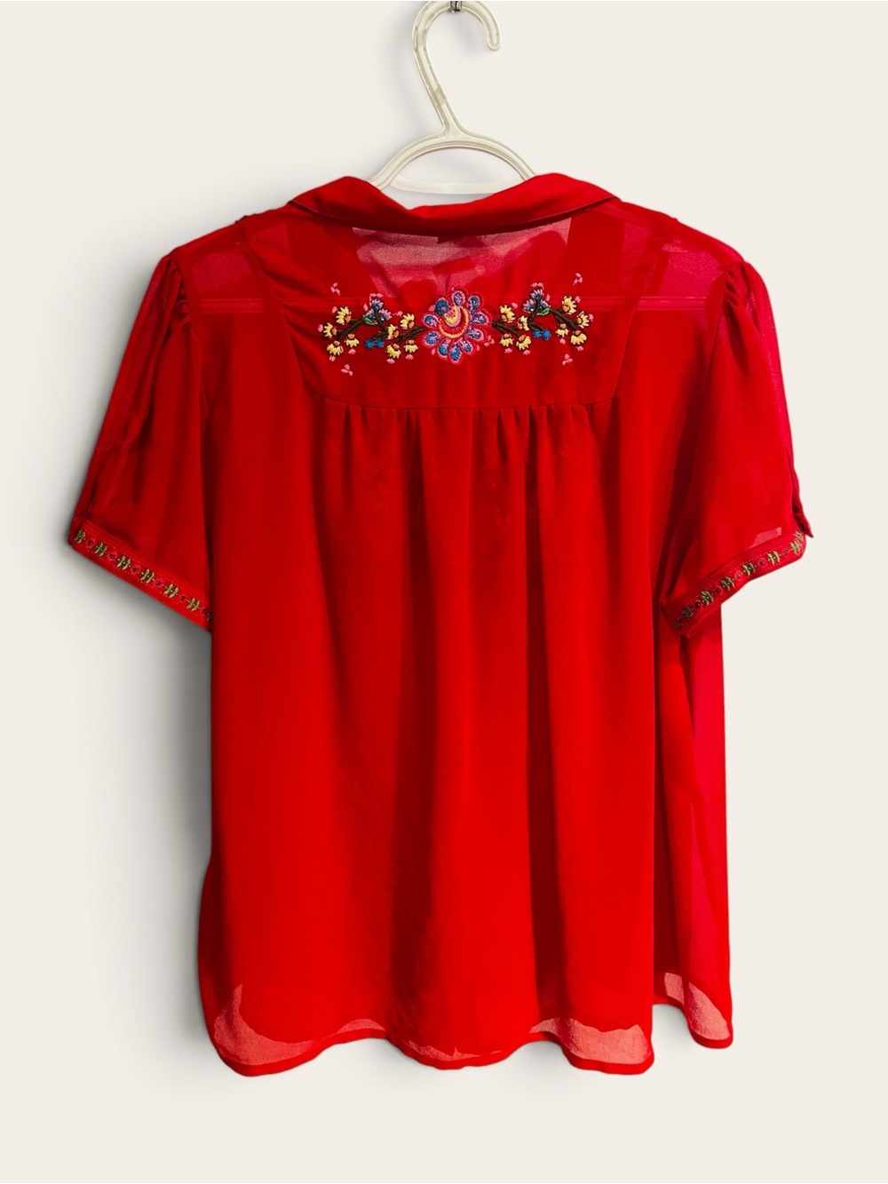 Embroidered Red Short-Sleeve Button-Front Blouse - Picture 5 of 6